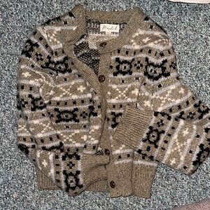 Marled Nordic Pattern Cardigan in Black, Gray, and Cream